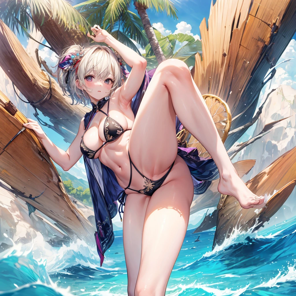 ((Highest quality)), ((masterpiece)), ((detailed)), (4K), 1girl, 独奏, pixie cut, thong bikini, large breasts, stand, leg up, from below, face focus