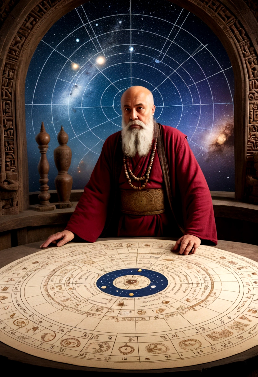 (Astrologer), An astrologer is interpreting fate on a complex star chart, with ancient runes and symbols next to it. The background is a flickering image of a galaxy, full body, (Photography), panoramic view, award-winning, cinematic still, emotional, vignette, dynamic, vivid, (masterpiece, best quality, Professional, perfect composition, very aesthetic, absurdres, ultra-detailed, intricate details:1.3)