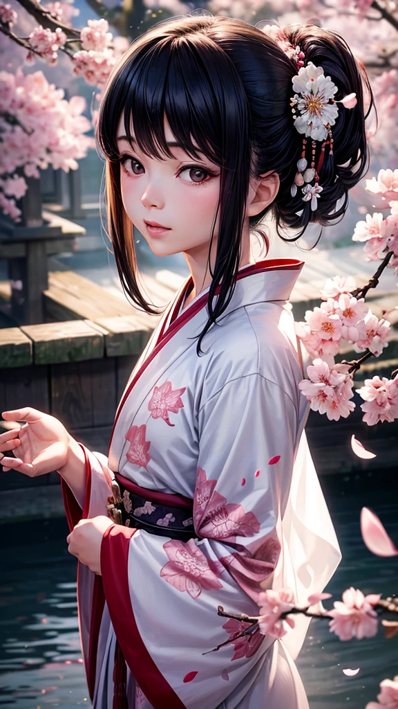 white without dirt　Japanese kimono bride　Apparition　cherry blossoms　Best Quality, Masterpiece, Ultra High Resolution, (Realisticity: 1.4), Original Photo, Cinematic Lighting,Black Hair,Kimono with cherry blossom floral pattern