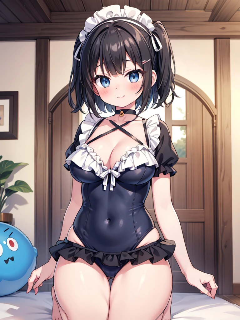 (NSFW:1.2),(masterpiece:1.2), (Highest quality),(Open your mouth)、front、 whole body, Beautiful Skin, Super fine, Highest resolution、(Sunburn:1.2)、(Black Hair:1.4)、(Short Hair:1.2)、blue eyes、(indoor)、(Squat:1.2)、Patsun Hair、(blush:1.1),(Realistic), 1 girl, Laugh with your mouth open、A scornful smile、(ピンクのRuffled swimsuit:1.2)、(Frilled Mizuki).(Hair Clip:1.1)、(Two Side Up:1.2)、choker、(Ruffled swimsuit),(Cleavage:1.1)、Budding breasts、Rocket Boobs、Firm breasts、Heart symbol、ta、Brat、(Loli.3)、Baby Face、Young face、Zaako、Brat系、、(View from below:1.1)、Spread your leg-shaped legs、Rocket 、(Healthy Abs:1.2)、Healthy Muscles、(Super big breasts)、Protruding areola、(Pin-kun's Swimsuit)