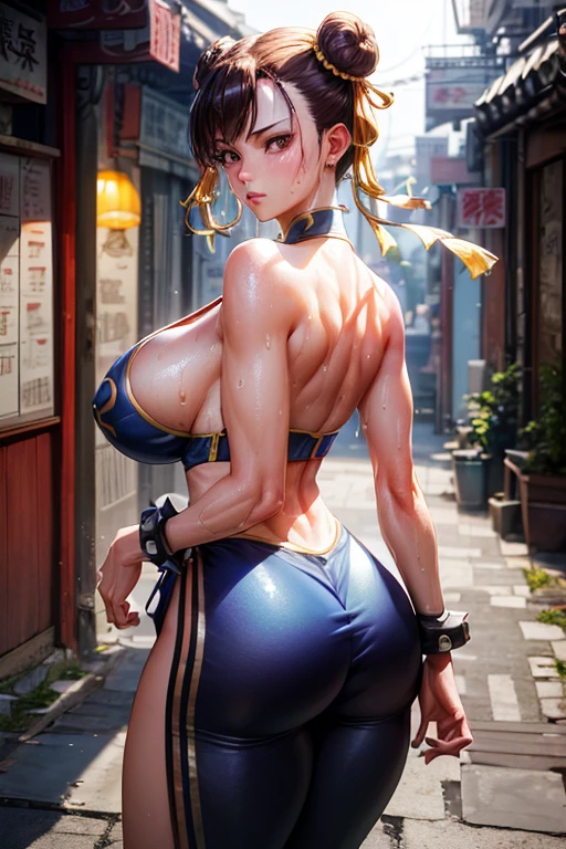 (Very detailed,Highest quality,4K,8K,16K,High resolution,masterpiece:1.5), (Perfect hands,Perfect Legs), (Realistic,photoRealistic,photo-Realistic:1.37),
One beautiful woman, Chunli, Chunli, Street Fighter,
Beautifully detailed sweat glands, Smooth skin texture, Carefully drawn,
Outstanding proportions, Lively expressions, (Big Breasts), (Big Ass), ((Sticky with sweat)), In a sexy pose,
Outdoor, Chinese back alley at night,