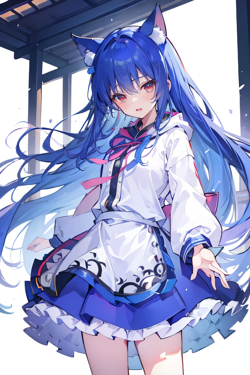 （masterpiece：1.2），Super detailed，lifelike，Expressive eyes，fair skin，perfect face shape，1 girl，
Japanese comics,Gorgeous blue hair,flowing blue hair,flowing clothes,Cat ears,Petals fall,beautiful lola,Baby Angel,
Shaking head with one hand，Cross your legs，Gentle and peaceful background，The pavilion is cool and comfortable,smile, wearing hoodie, background of tokyo,back views,snowing, winter,Angel wings，The world is open，shameful expression、Upper Body、close up、coat、skirt