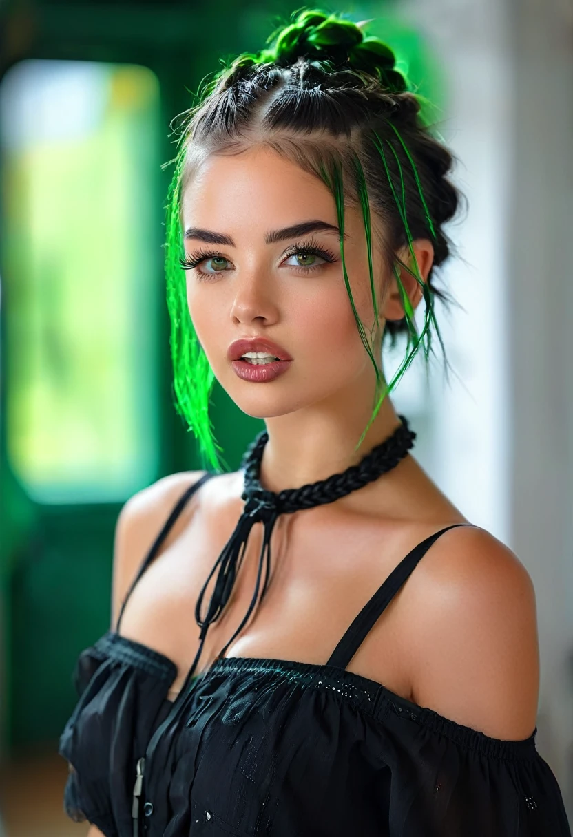 1 girl, bare shoulders, Beautifull, black dress, blurred, blurred background, eyelashes, green eyes, inside, lips, wide, looking at the viewer, make up, messy hair, multiple braids, collar, open shirt, drilling, realist, shirt, short hair, shoulder tattoo, Alone, teeth, Upper part of the body