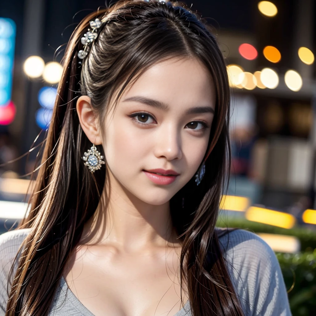 Best Picture Quality, Top Quality, Masterpiece, Best Resolution, Attention To Detail, One Girl, 16K Quality, Center Face, Brown Hair, Medium Hair, Wavy Hair, Sleek, Clear Skin, Flashy Accessories, Happy, Smiling, Big T-Shirt, Hair Decoration, Night On The Town, Ponytail