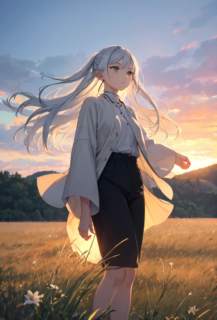 1. A scene of Freiren standing in a grassland at sunset:

In the wide grassland、The sunset paints the sky。Freiren gazed upon the beautiful sight.、Standing on the grass。Her silver hair shines golden in the sunlight.、It's swaying in the wind。With a calm expression、You can feel how they are captivated by the beauty of nature.。

