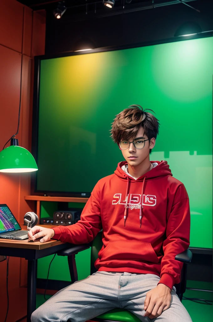 create an anime style boy character seated in a studio, he is sitting on a chair behind a table. the character is wearing a red shirt and a Green hoodie and attractive glassed and is surrounded by a futuristic gadgets, include a studio table in front if the boy front facing studio the studio room is neon colour green red.