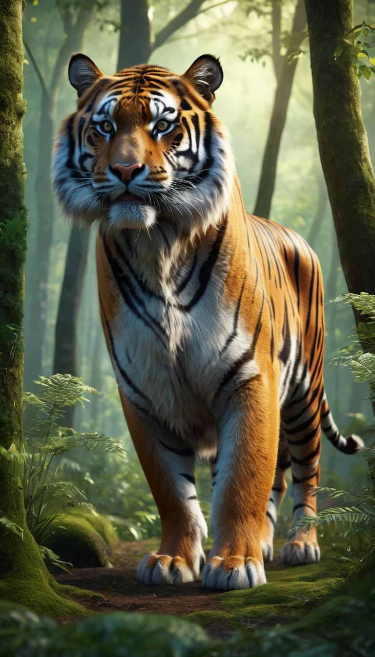 There is a wild beast in the forest,The tail of the cow,The body of a tiger(best quality,4K,8K,High level,masterpiece:1.2),Ultra Detailed,(lifelike,Photo real,Photo real:1.37),Highly detailed animals,Realistic lighting,Fantasy Creatures