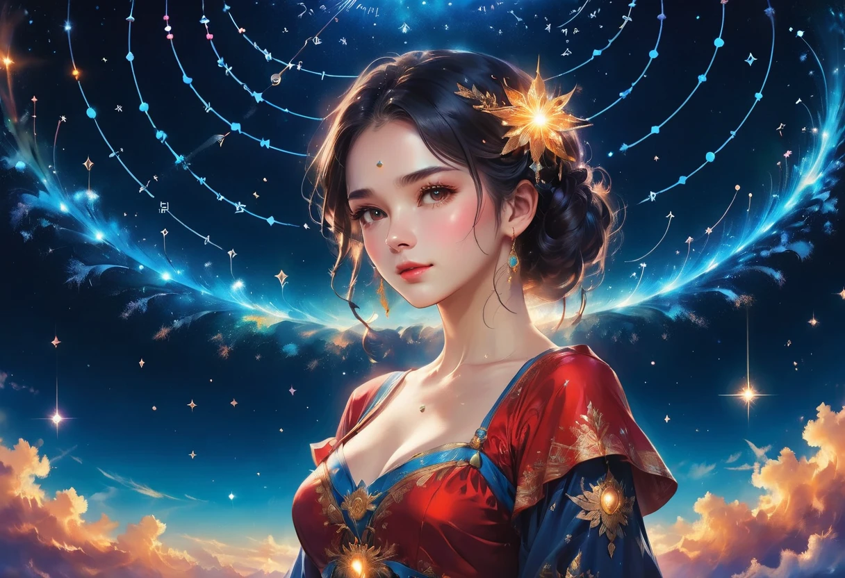 a portrait of an astrologer looking at libra constellation in the night sky, an extraordinary beautiful woman, there is magic in her eyes divining the future from the Libra constellation, dynamic hair color, dynamic hair style, wearing an intricate red dress decorated with glowing stars, she looks to the night sky seeing the ((Libra constellation in the sky: 1.5)), vibrant, Ultra-high resolution, High Contrast, (masterpiece:1.5), highest quality, Best aesthetics), best details, best quality, highres, 16k, [ultra detailed], masterpiece, best quality, (extremely detailed), Cinematic Hollywood Film, magical sky, FireMagicAI, dark novel