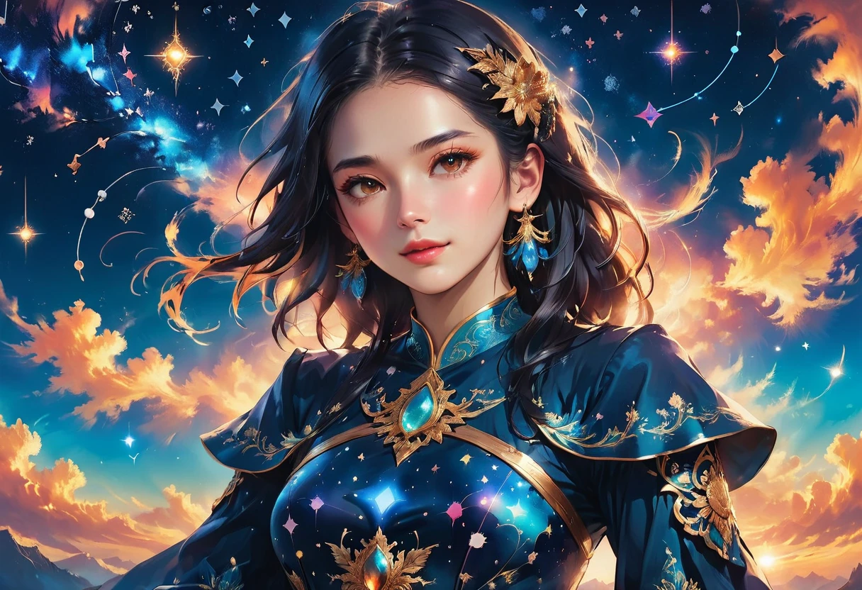 a portrait of an astrologer looking at libra constellation in the night sky, an extraordinary beautiful woman, there is magic in her eyes divining the future from the Libra constellation, dynamic hair color, dynamic hair style, wearing an intricate red dress decorated with glowing stars, she looks to the night sky seeing the ((Libra constellation in the sky: 1.5)), vibrant, Ultra-high resolution, High Contrast, (masterpiece:1.5), highest quality, Best aesthetics), best details, best quality, highres, 16k, [ultra detailed], masterpiece, best quality, (extremely detailed), Cinematic Hollywood Film, magical sky, FireMagicAI, dark novel