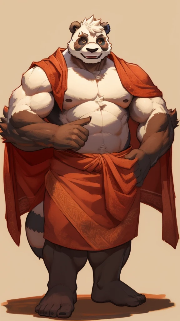 furry, (((panda))), dressed in roman clothes, bare chest, fluffy chest, wearing a red toga, white fur, big body, male, mature, full body, muscular, big biceps, big arms, reveal clothes, character concept art, simple background