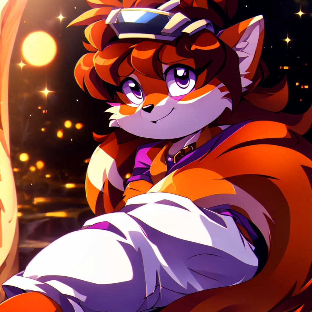 mobian, red panda, two-tone fur ((red fur, orange fur)), white pants, purple shirt, two-tone hair (brown hair, black tip)), curly hair, halo, sunglasses, jewelry, purple eyes, longeyelashes, purple eyes, smile, shy, blush, high detail, masterpiece, UHD, anatomically correct, super detail, highres, 4K