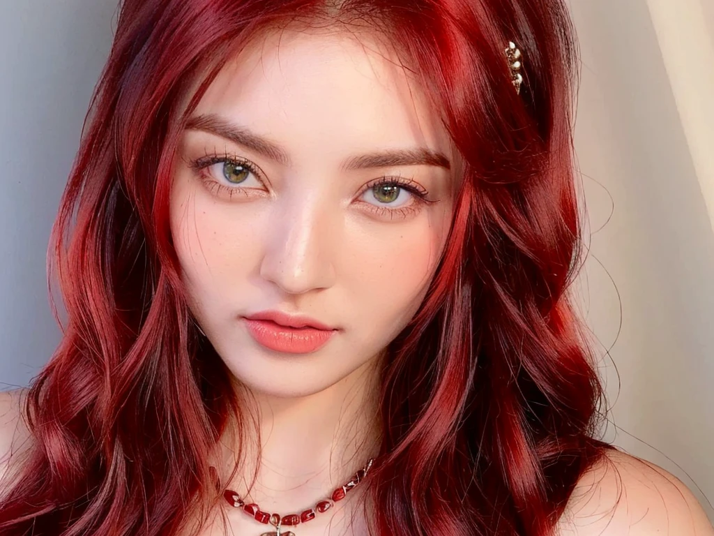 a close up of a woman with cabello rojo and a necklace, crimson cabello rojo and red eyes, pale red, pelo teñido de rojo, soft cabello rojo, with cabello rojo, with cabello rojo and green eyes, cabello rojo and attractive features, cabello rojo, wavy vibrant cabello rojo, pelo rojo carmesí carmesí, con pelo largo y ojos penetrantes, pelo rojo carmesí, vibrant cabello rojo