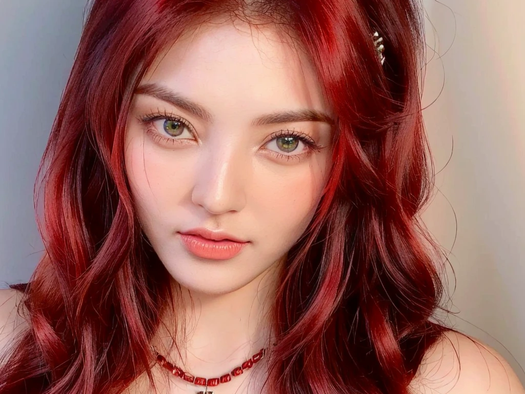 a close up of a woman with cabello rojo and a necklace, crimson cabello rojo and red eyes, pale red, pelo teñido de rojo, soft cabello rojo, with cabello rojo, with cabello rojo and green eyes, cabello rojo and attractive features, cabello rojo, wavy vibrant cabello rojo, pelo rojo carmesí carmesí, con pelo largo y ojos penetrantes, pelo rojo carmesí, vibrant cabello rojo