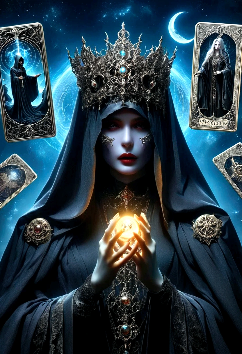 Astrologer，Metal photo frame，card，tarot cards：1.37.Mysterious fortune teller in cloak，Finger taps an array of tarot cards in the air，Mystical symbols and elements，Ancient mysterious atmosphere，Realistic illustration details，A work full of vitality and energy，Dark Style，Gothic style