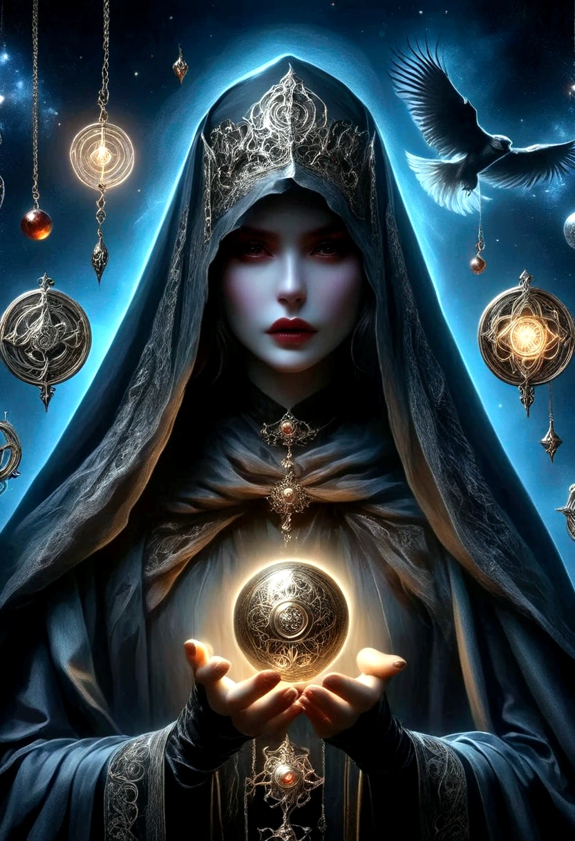 Astrologer，Metal photo frame，card，tarot cards：1.37.Mysterious fortune teller in cloak，Finger taps an array of tarot cards in the air，Mystical symbols and elements，Ancient mysterious atmosphere，Realistic illustration details，A work full of vitality and energy，Dark Style，Gothic style