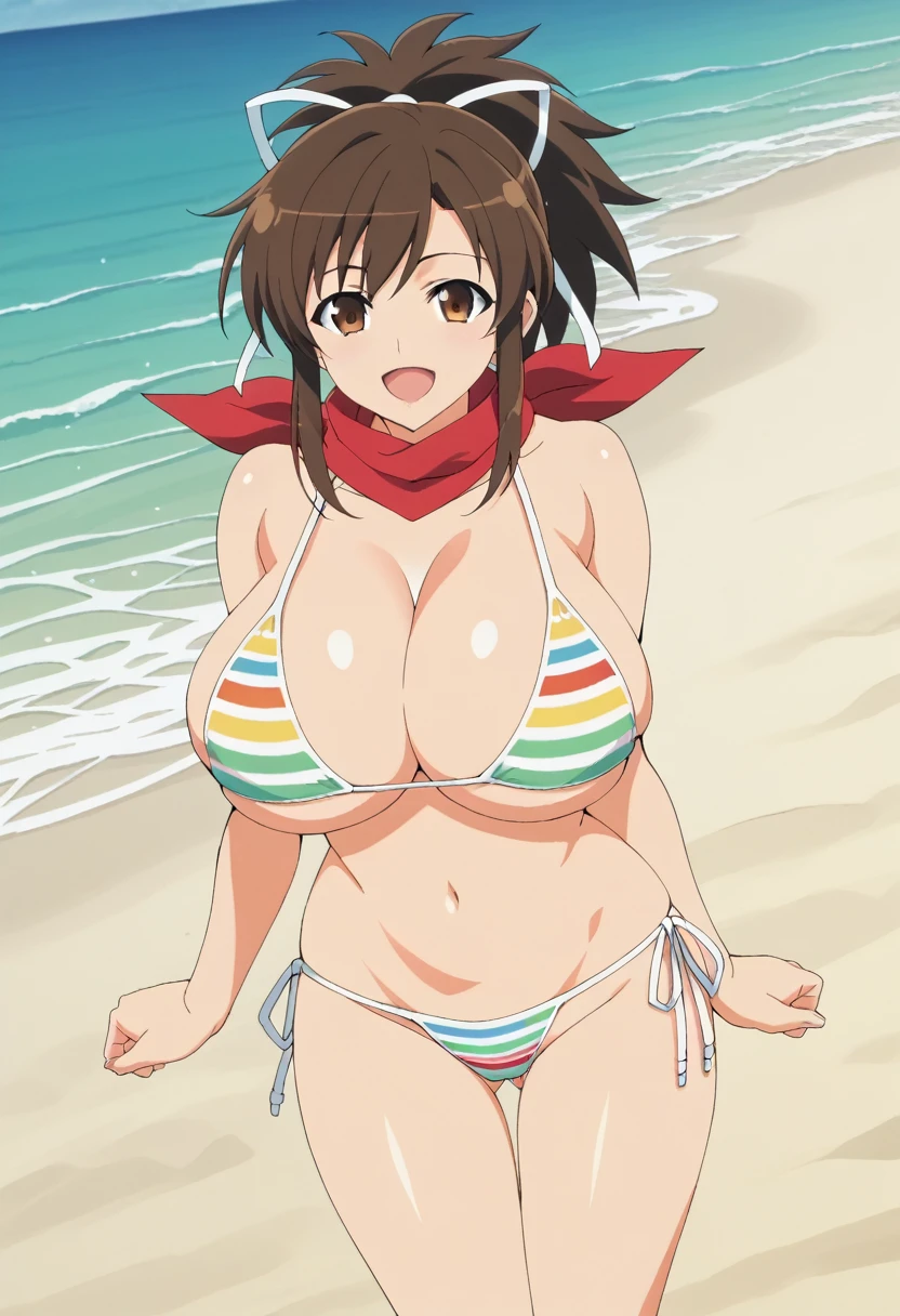 score_9, score_8_superior, score_7_superior, sauce_anime, Highest quality, masterpiece, evaluation_Explicit, No correction, anime screencap, Megami Magazine, break, 10 seconds, Asuka_Xl, Brown eyes, Brown Hair, ponytail, White ribbon, Red scarf, Large Breasts, break, Asuka_swim_Costume, Striped bikini, Side tie bikini bottom, smile, Huge breasts, Open your mouth, Beach, summer　Micro Bikini　Crotch　Almost naked　　Squirting　Bitch　Looking back　Big Ass　Ass close up