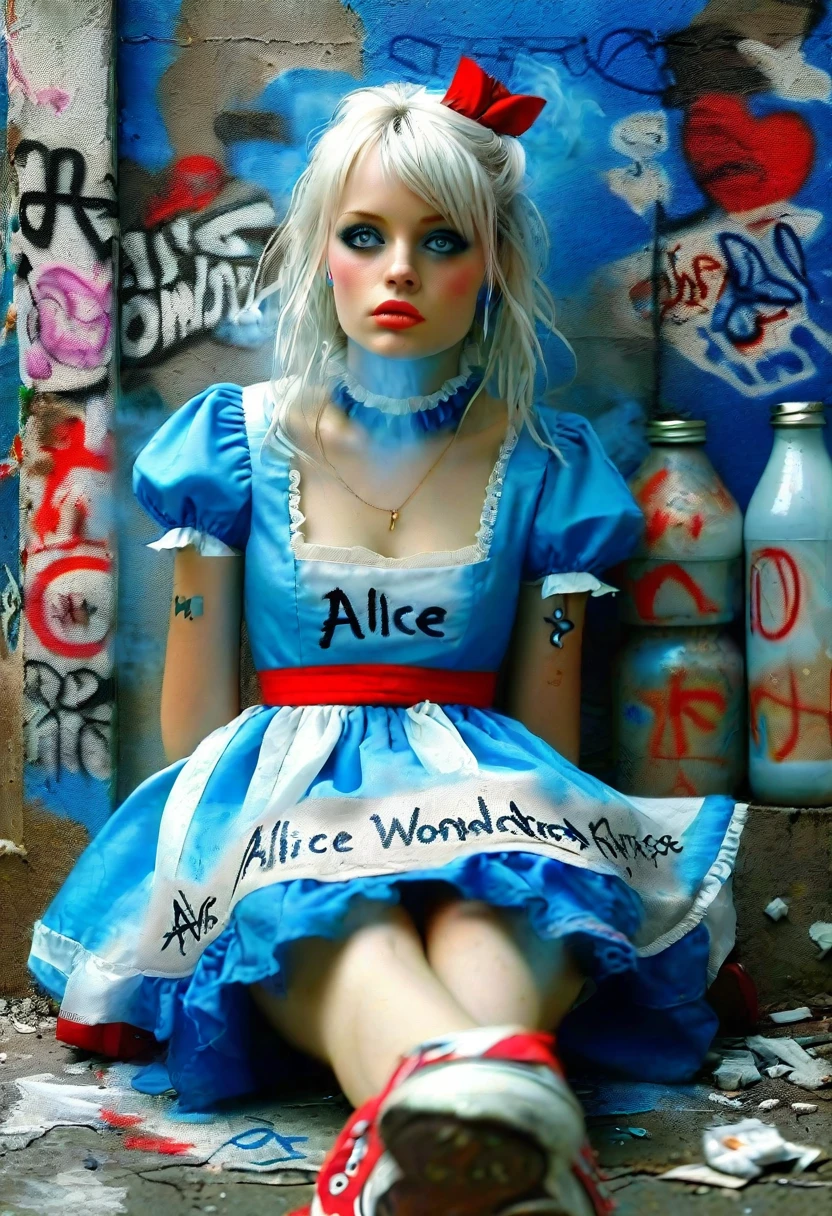 Hyperrealistic photo of beautiful emo Alice in Wonderland, where she is sitting on the street smoking a cigarette, she is wearing a blue dress, striped stockings and red Converse sneakers, the wall behind her back is decorated with graffiti with the words "Alice" and "In Wonderland", empty bottles are scattered around, the air is filled with teenage protest, smoke is coming from her nose, she looks cool and determined, blue eyes, white hair. Cool iPhone wallpapers] --ar 3:5