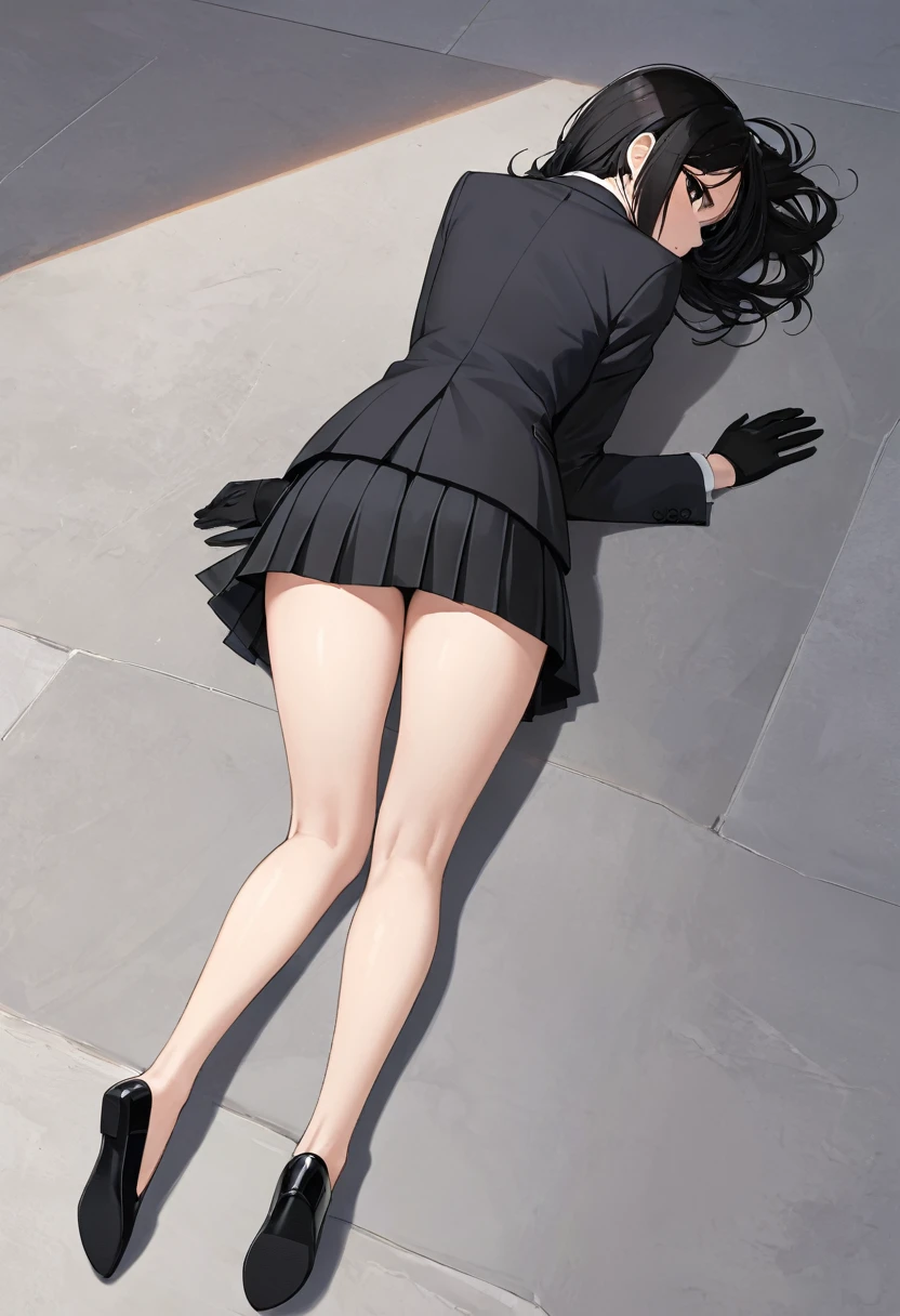 a woman lying face down on the floor, her chest touching the ground, seen from above, showing her back, wearing a black mini skirt, flats, a blouse, a pleated skirt, assassin, full body, business attire, black gloves, shorts blazer, bare legs, black hair, dark eyes, natural hair, thighs, full body