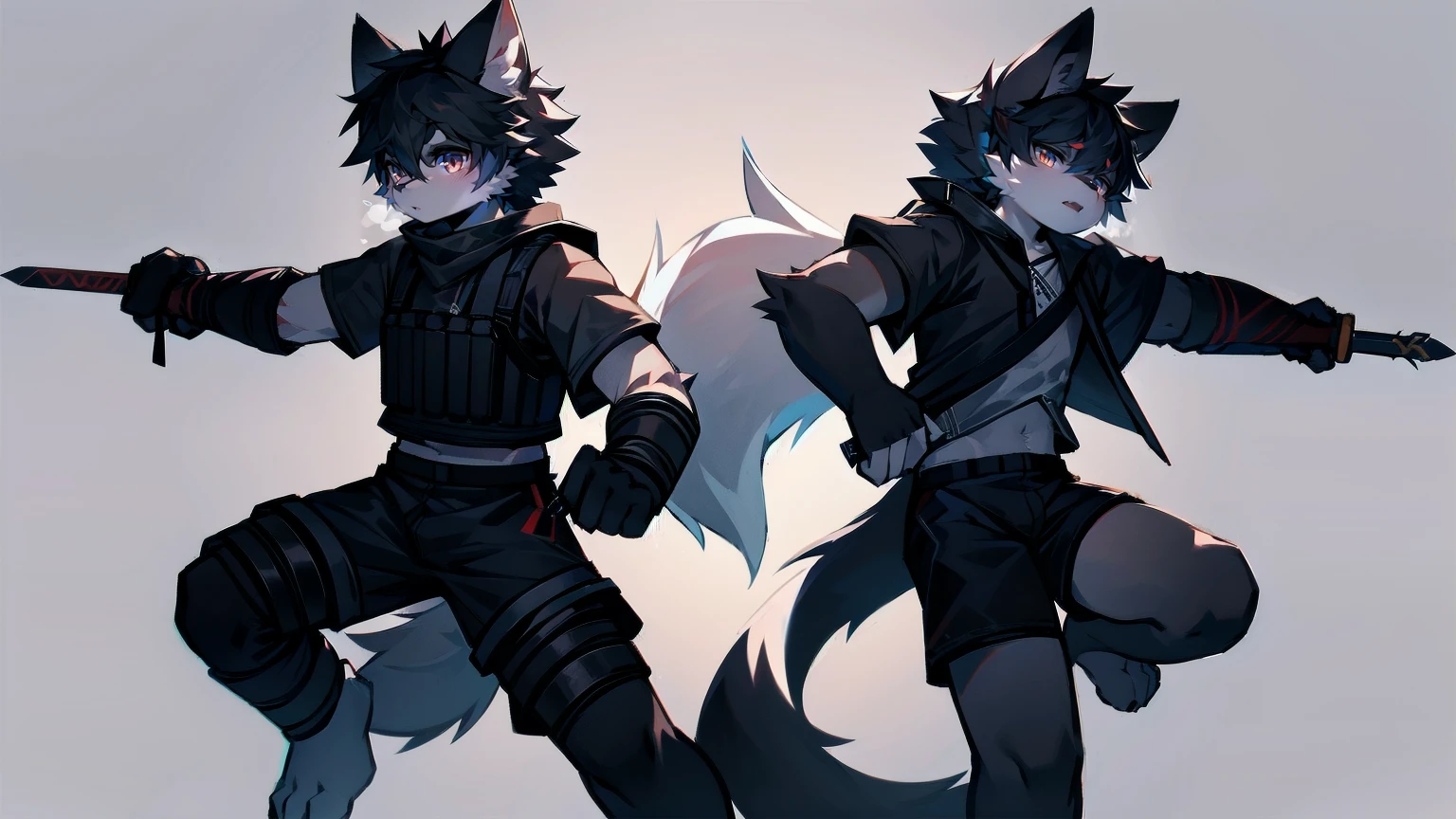 White Wolf，Black Hair，Red Eyes，Wolf ears，Wolf tail，juvenile，male，hairy，hair，Half-body armor，Combat uniform，Silver and black clothes，Handsome，Handsome，shorts，Forearm exposed，leg，Fighting Stance，duel，Two people，anxious，Holding a sword，Simple background，sword