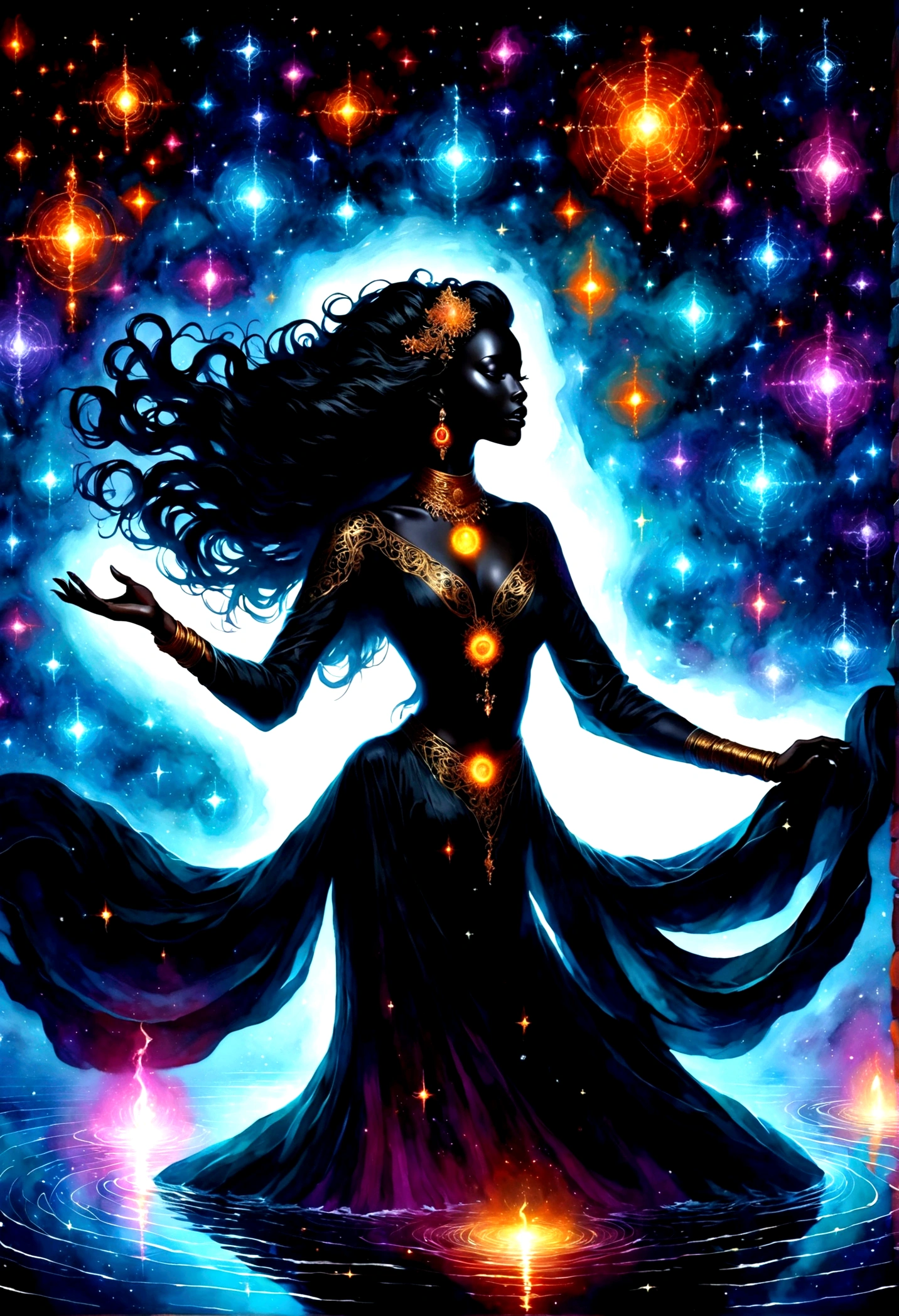 Astrologer,In the middle of the lake, Mysterious female black silhouette in the middle of the night, Surrounded by glowing constellations, Summoners dance to appease the spirits of the dead. Ceremonial canvas clothing. Sensual. Multiple magic arrays. Dynamic dance. Black Lotus. Colorful palette.