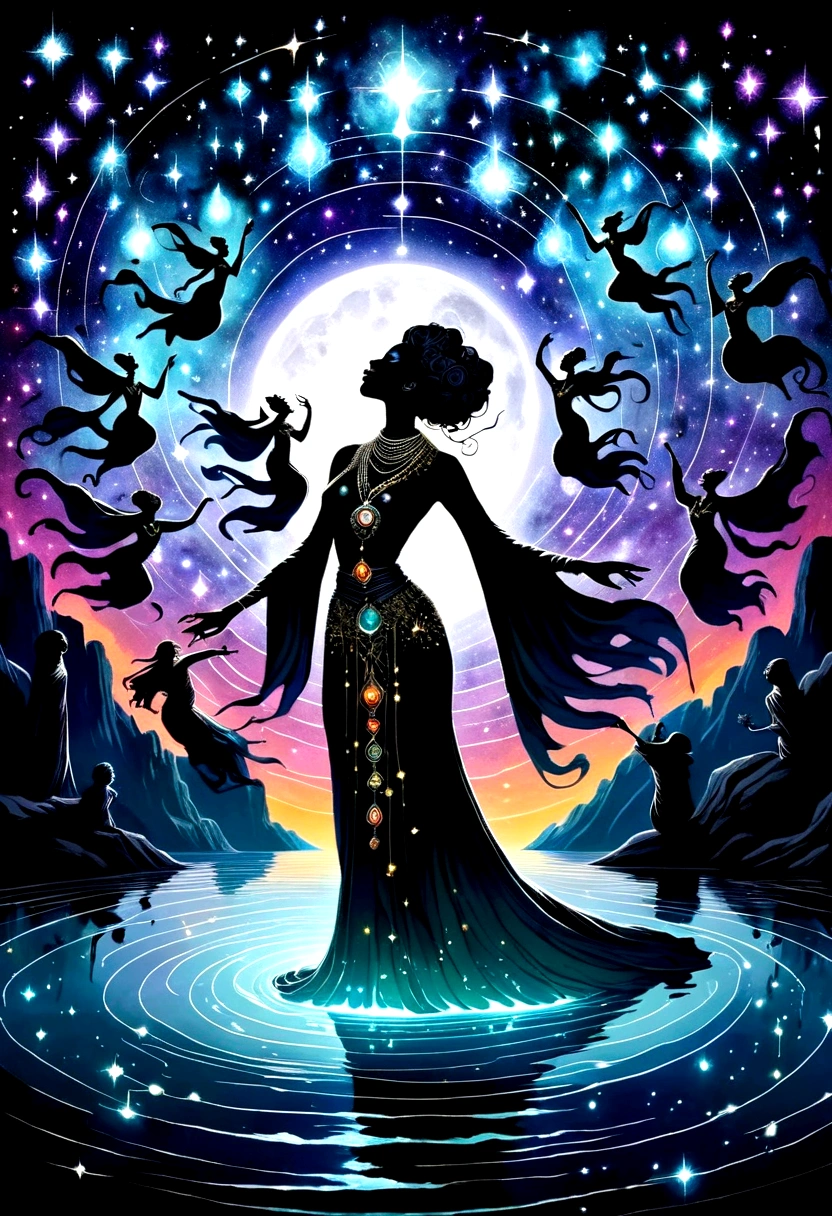 Astrologer,In the middle of the lake, Mysterious female black silhouette in the middle of the night, Surrounded by glowing constellations, Summoners dance to appease the spirits of the dead. Ceremonial canvas clothing. Sensual. Multiple magic arrays. Dynamic dance. Black Lotus. Colorful palette.