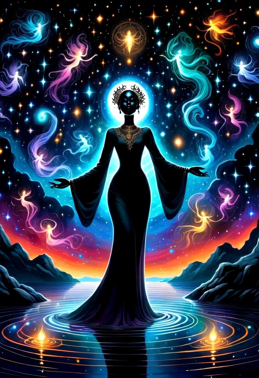 Astrologer,In the middle of the lake, Mysterious female black silhouette in the middle of the night, Surrounded by glowing constellations, Summoners dance to appease the spirits of the dead. Ceremonial canvas clothing. Sensual. Multiple magic arrays. Dynamic dance. Black Lotus. Colorful palette.