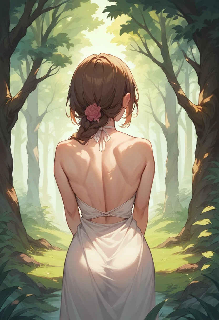 beautiful girl from behind with loose and straight brown hair in front of a forest