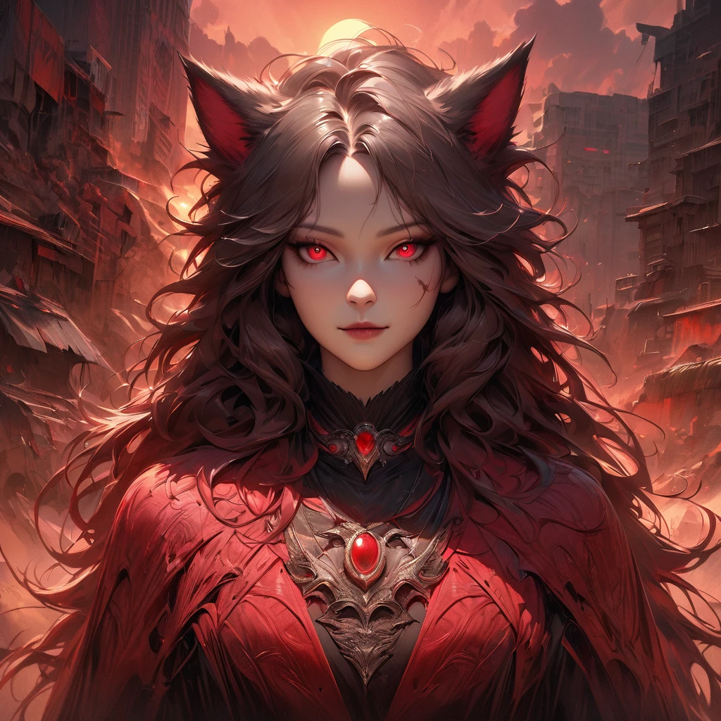 [Best quality, shaded, extreme details, very detailed, ultra detailed, complex, realistic, perfect face], fenrir woman, thick fur, long hair, (flamboyant red colored fur), almond-shaped eyes, discreet smile, serene face, wears a brooch around his neck, demon style clothing, an apocalyptic setting at sunset.