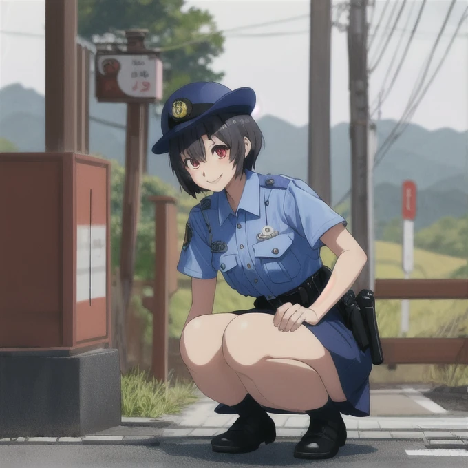 (Hair Color：black),(Hairstyle：short hair),female,1 person, Seductive face,cute,boyish,jp-police,Police uniform,Japanese countryside,Japanese police officer,Light blue dress shirt,Highest quality,4K,Master piece,Highest quality,Correct Anatomy,Right Body,smile,pussy,Show your vagina,vagina,Shaved pussy,Squat,blackのパンプス,Detailed eyes,Beautiful Eyes,tight skirt of dark blue color,,Short sleeve,Red eyes