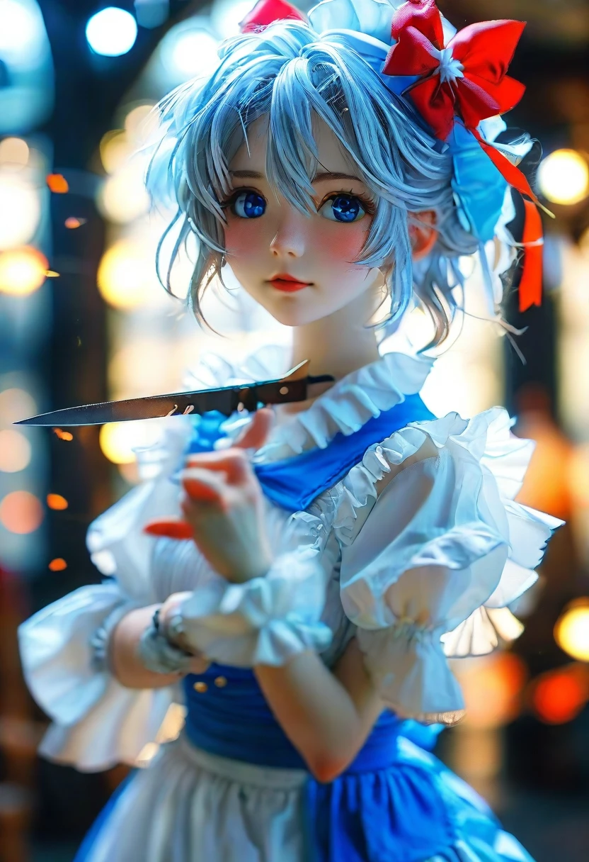 ((16 Nights Sakiya)), ((Touhou Project)), Cosplay, 20-year-old woman, (((gray hair)), ((medium spiky hair)), ((blue maid outfit)), ((white blouse)), midchest, (light)))), (pose))), (photorealistic photo: 1.3), rim lighting, (high detail skin:1.2), 8K UHD, dslr, high quality, high resolution, 4K, 8K, Bokeh, Absurdity, Best ratio four fingers and one thumb, (Real:1.3), Cutest 1 Girl, Lots of Knives