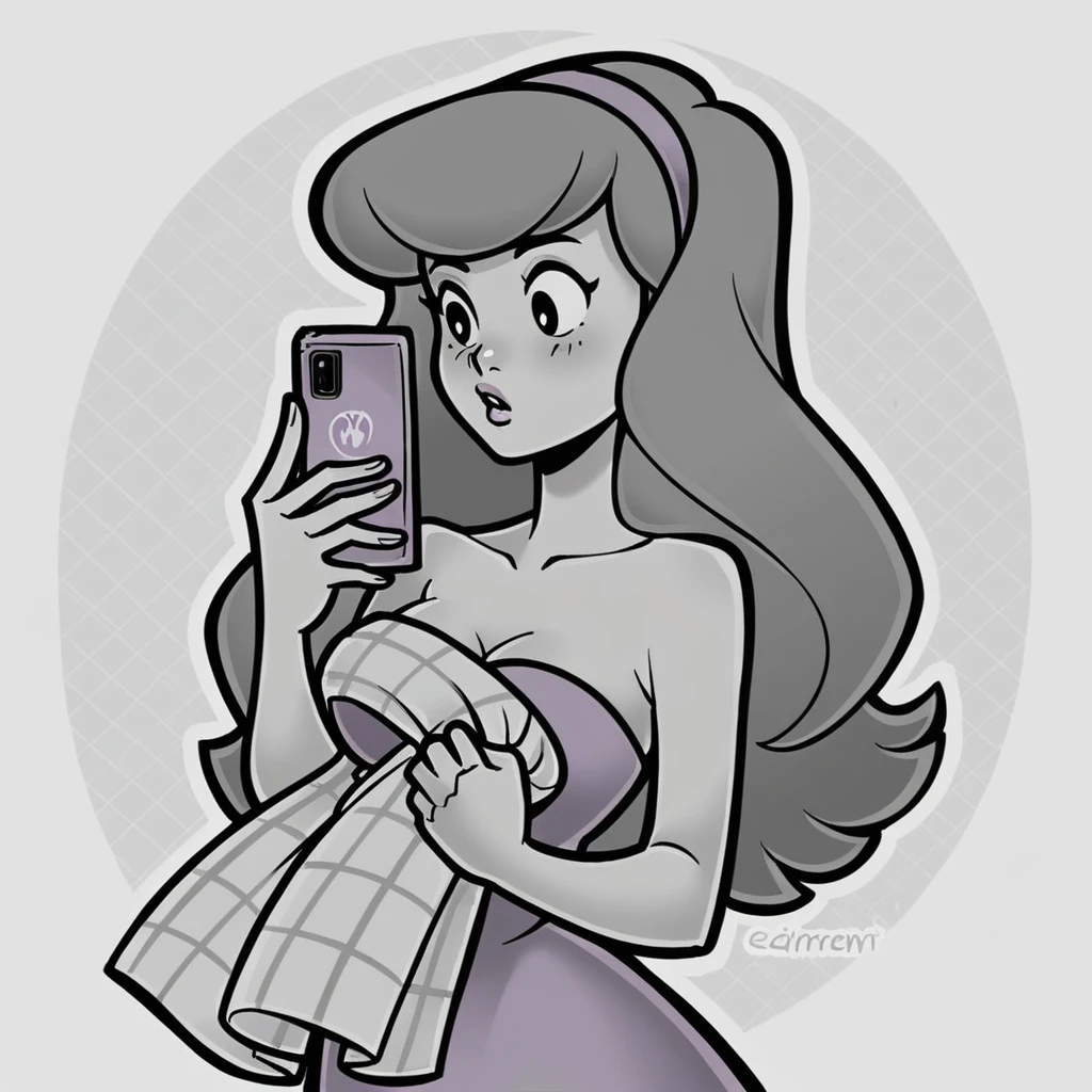 (score_9, score_8_up), daphne blake, wrapped in towel, medium breasts, holding phone