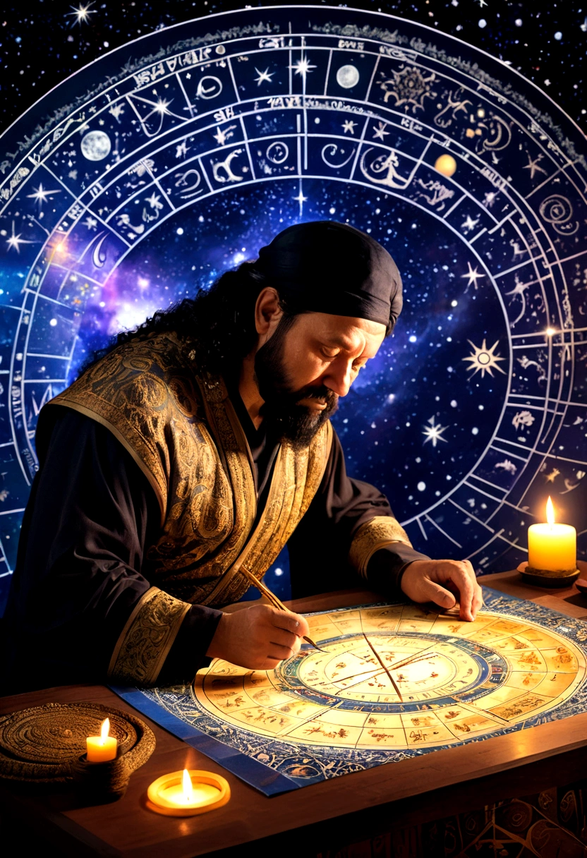 (Astrologer), An astrologer is interpreting fate on a complex star chart, with ancient runes and symbols next to it. The background is a flickering image of a galaxy, full body, (Photography), panoramic view, award-winning, cinematic still, emotional, vignette, dynamic, vivid, (masterpiece, best quality, Professional, perfect composition, very aesthetic, absurdres, ultra-detailed, intricate details:1.3)