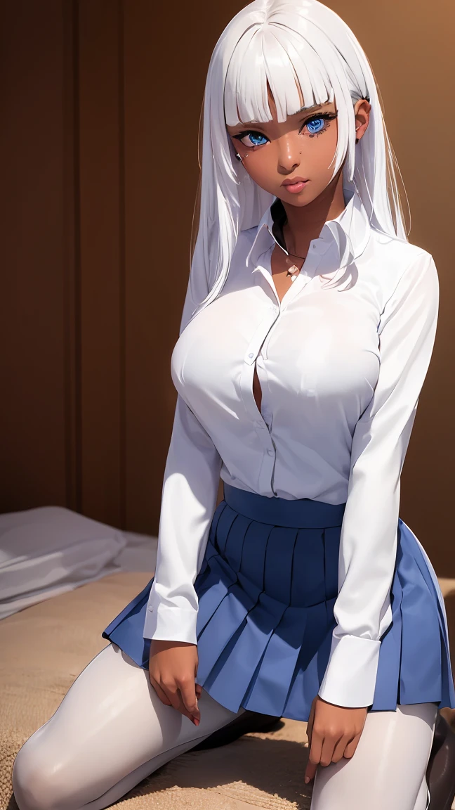 liliana 1girl, solo, long hair, looking at viewer, bangs, blue eyes, white hair, dark skin, blunt bangs, dark-skinned female,
BREAK ((collared shirt, (white shirt:1.2), long sleeves, pleated skirt, blue skirt, black pantyhose:1.5)) 
BREAK kneeling,indoors,implied fingering,fingering,hand under clothes,breast grab,pussy juice,heart,motion blur,panting,saliva,sound effects,
BREAK (masterpiece:1.2), best quality, high resolution, unity 8k wallpaper, (illustration:0.8), (beautiful detailed eyes:1.6), extremely detailed face, perfect lighting, extremely detailed CG, (perfect hands, perfect anatomy),