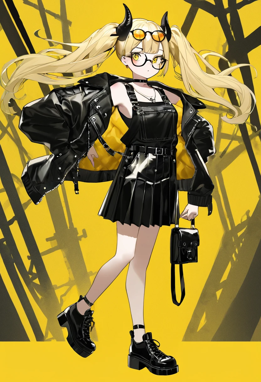 She has light blonde, wavy hair styled in loose pigtails. Her hair is adorned with black hairpins shaped like horns or wings, adding a playful yet edgy touch to her look. She also wears round glasses, enhancing her intellectual and sophisticated appearance.

Outfit: She is dressed in a black and yellow ensemble. Her outfit consists of a cropped black top featuring a colorful graphic design, paired with a short black leather skirt. The skirt has various straps and buckles, adding a touch of punk fashion.

Jacket: She wears an oversized black jacket with a shiny texture, lined with yellow fabric on the inside. The jacket is left open, showing the outfit underneath and contributing to her laid-back and stylish vibe.

Footwear and Accessories: She wears black platform shoes with buckles, completing her trendy look. She also has a black belt with a pouch, adding both style and functionality. Around her neck, she wears a choker and a pendant, contributing to her detailed and accessorized appearance.

Overall Theme: Her design blends elements of street fashion with a modern, edgy twist. The color scheme of black and yellow creates a striking contrast, making her stand out. The combination of intellectual and rebellious elements gives her a unique and memorable character design.

