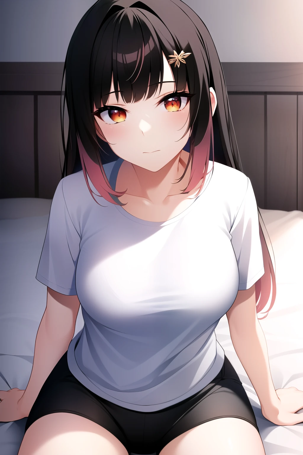 2D, Masterpiece, Best Quality, cheered up, Very detailed face, very detailed eyes, very detailed background, perfect lighting, Yomegurihana, (Hana Yomeguri:1.3), Youtuber Virtual, (1 girl:1.2), orange eyes, black fur, striped hair, pink hair, wide, blunt bangs, Hair clip, (bedroom:1.1), medium old, old, to throw, (Alone), White shirt, T-shirt, WITHOUT PANTS, in bed, session, From above, Expressionless, Closed mouth,