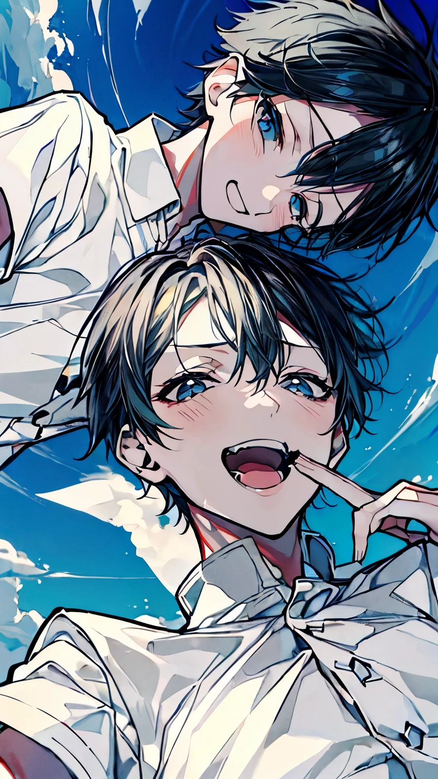 (Mastepiece), (Best Quality), Very detailed, (Two friendly boys:1.5)，Shooting from below、Solo Shooting，Perfect Face, Beautiful Face, Very detailed顔，(1 boy with black hair:1.3)，(One boy with white hair:1.3)、(short hair:1.3)、(Happy Face:1.4)，(Laughing with your mouth open:1.3)，(Short-sleeved white shirt:1.4)、(Windになびく髪:1.4)，The atmosphere that seems to disappear，(blue sky_cumulonimbus)、summer、ephemeral、Sweat、Wind、sunlight