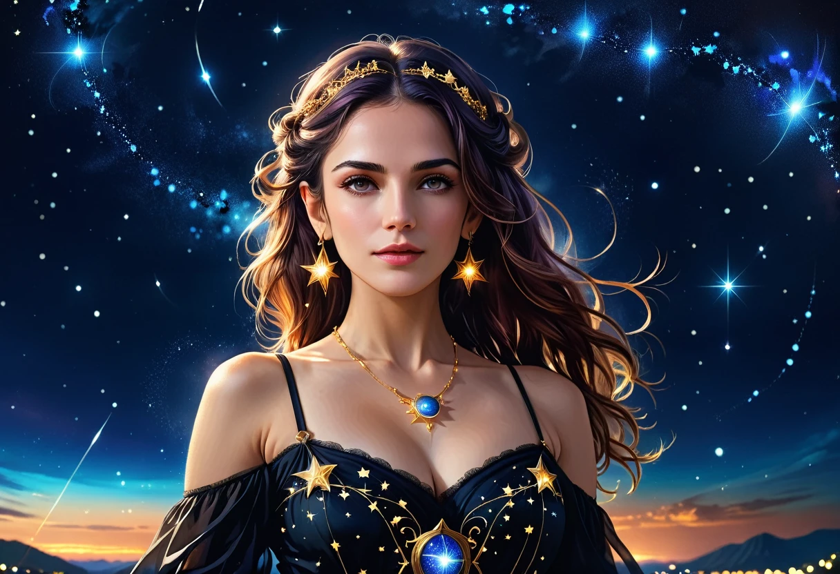 a portrait of an astrologer looking at libra constellation in the night sky, an extraordinary beautiful woman, there is magic in her eyes divining the future from the Libra constellation, dynamic hair color, dynamic hair style, wearing an intricate black dress decorated with glowing stars, she looks to the night sky seeing the ((Libra constellation in the sky: 1.5)), vibrant, Ultra-high resolution, High Contrast, (masterpiece:1.5), highest quality, Best aesthetics), best details, best quality, highres, 16k, [ultra detailed], masterpiece, best quality, (extremely detailed), Cinematic Hollywood Film, magical sky, FireMagicAI, dark novel