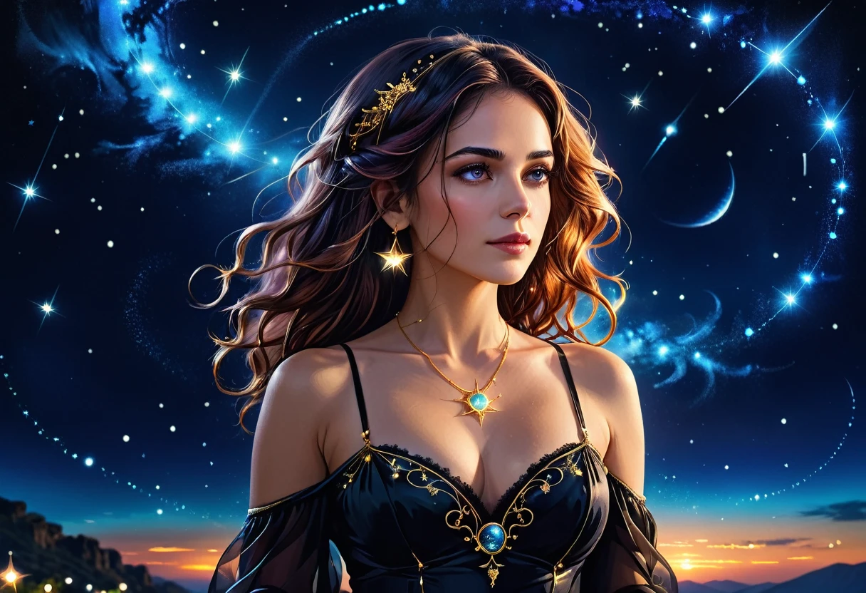 a portrait of an astrologer looking at libra constellation in the night sky, an extraordinary beautiful woman, there is magic in her eyes divining the future from the Libra constellation, dynamic hair color, dynamic hair style, wearing an intricate black dress decorated with glowing stars, she looks to the night sky seeing the ((Libra constellation in the sky: 1.5)), vibrant, Ultra-high resolution, High Contrast, (masterpiece:1.5), highest quality, Best aesthetics), best details, best quality, highres, 16k, [ultra detailed], masterpiece, best quality, (extremely detailed), Cinematic Hollywood Film, magical sky, FireMagicAI, dark novel