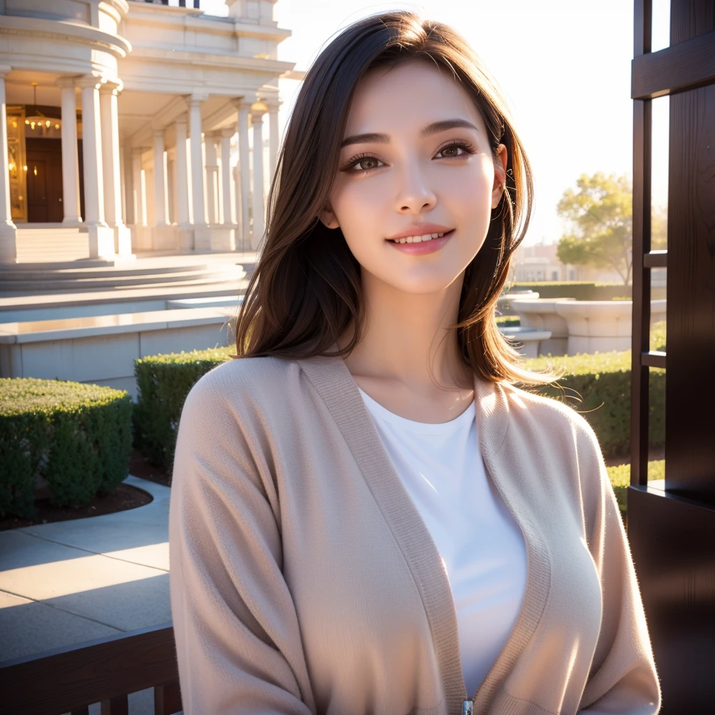 A beautiful young woman, 1girl, casual outfit, t-shirt, jacket, outdoor date setting, lover, detailed face, alluring eyes, full lips, large bust, soft lighting, warm colors, photorealistic, 8k, cinematic, beautiful detailed eyes, beautiful detailed lips, extremely detailed face and eyes, long eyelashes, intricate clothing textures, elegant posing, warm smile, romantic atmosphere