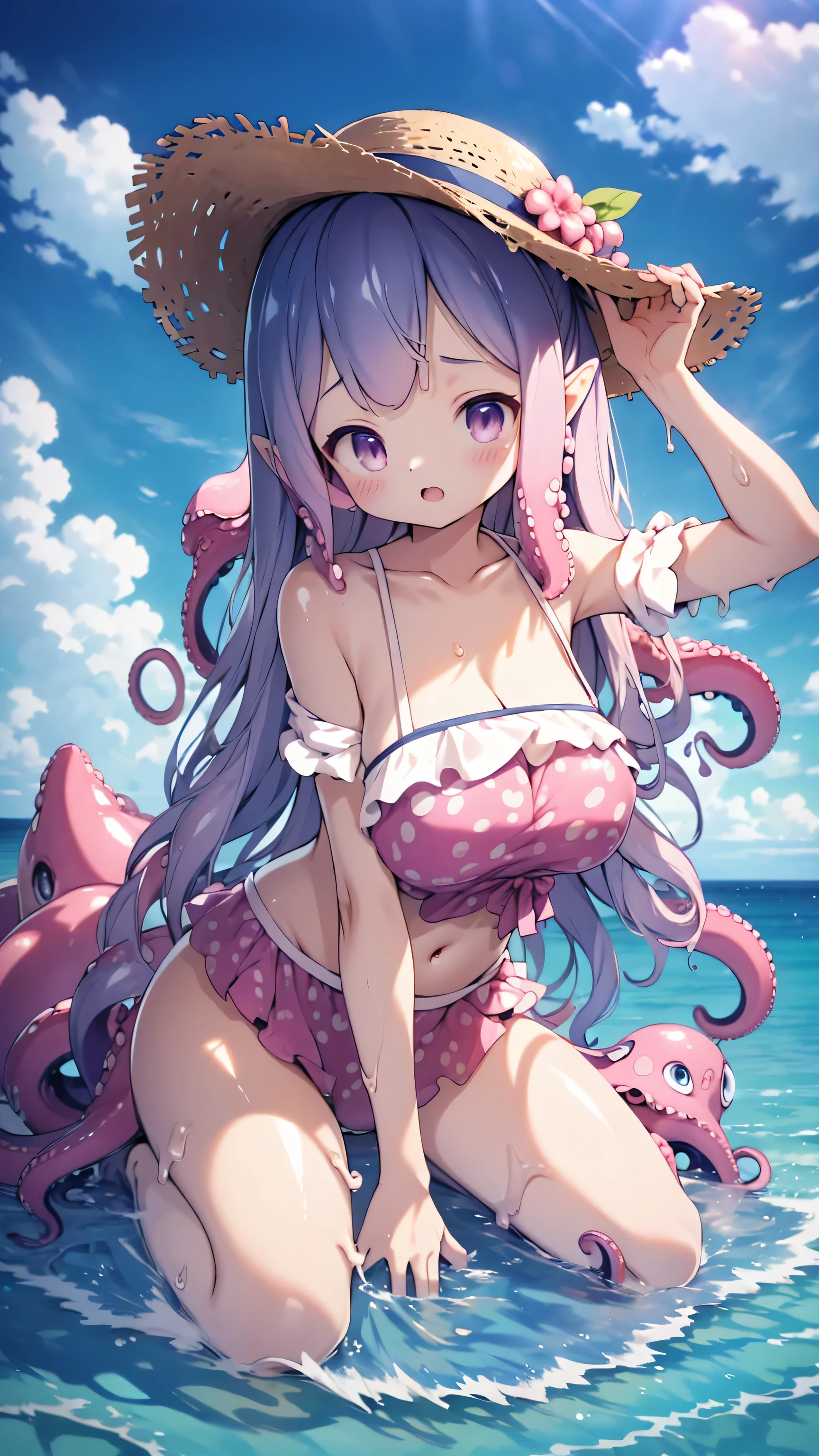 Beach Background，Seaside beach background，Low Background，Giant，Giant Girl，Huge girl tens of meters high，Compare height，Special photography style，Huge feeling，Looking at the camera，Upper body close up，close up，Overlooking lens perspective，Shooting from bottom to top，close up，Above the waist close up，Shoot from the bottom up，belly button，belly button，Pink Tights，Pink jumpsuit，Solid color one piece swimsuit，Student swimsuits，Looking at the camera，Overlooking，hat，sunhat，straw hat，Tentacle straw hat，Pink tentacles，Tentacles growing on the head，Pink tentacles hair，Pink tentacles hair，Pink Tentacle Hair，One-piece swimsuit，swimsuit，swimsuit，Student swimsuit，Tights，Huge girl，Octopus Girl，Octopus hair，Tentacle hair，slime hair，Gelatin Hair，Smooth hair，Long hair，超Long hair，Tentacle hair，Head full of tentacles，Octopus hair，Octopus hair，Octopus Girl，Giant girl，Giant Girl，cute，Giant Girl