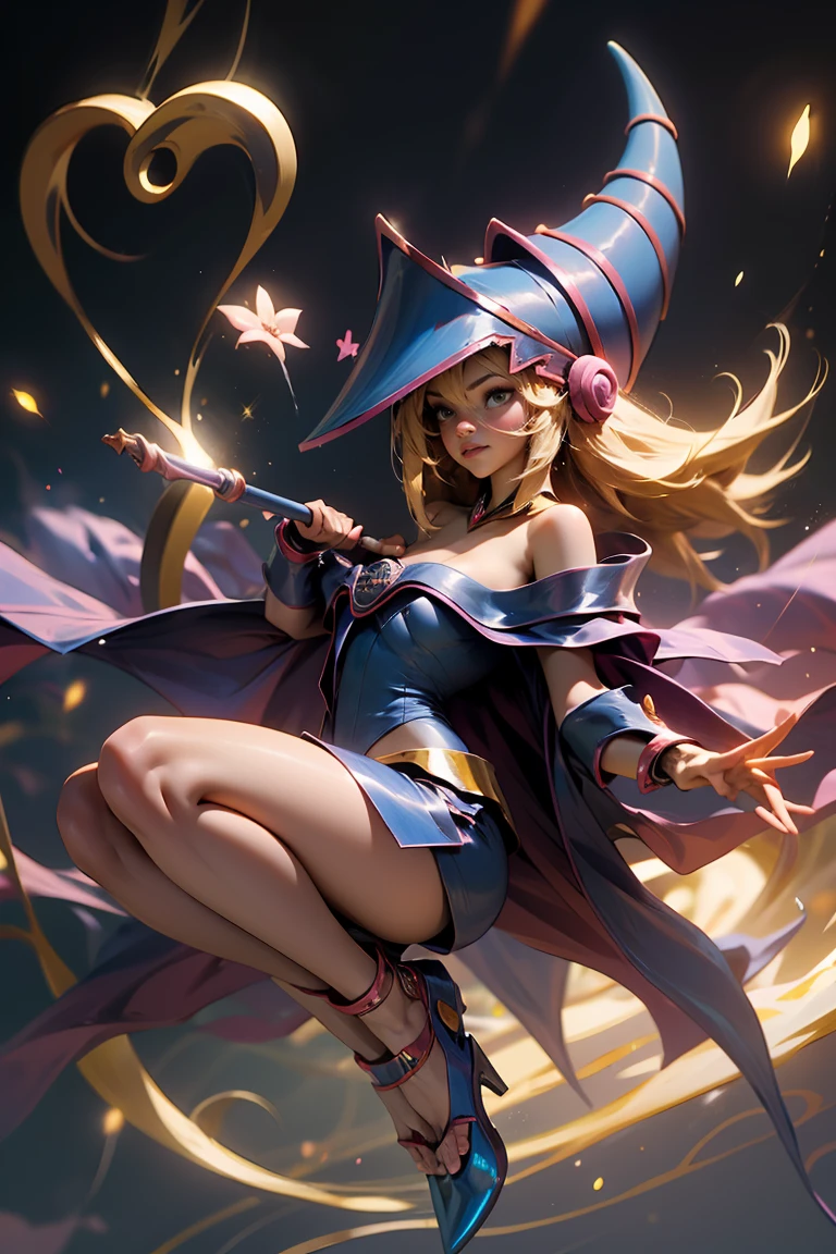 (Masterpiece:1.2), (The best quality:1.2), Perfect lighting, Dark Magician Girl casting a spell, in battle. floating in the air, visible medium tits, transparent neckline, blue robe, big hat, From above, sparkles, Yugioh game, The magic of the heart. LIGHTS OF THE HEART, Romantic heart. She wears heels. has heels. Wear heels 