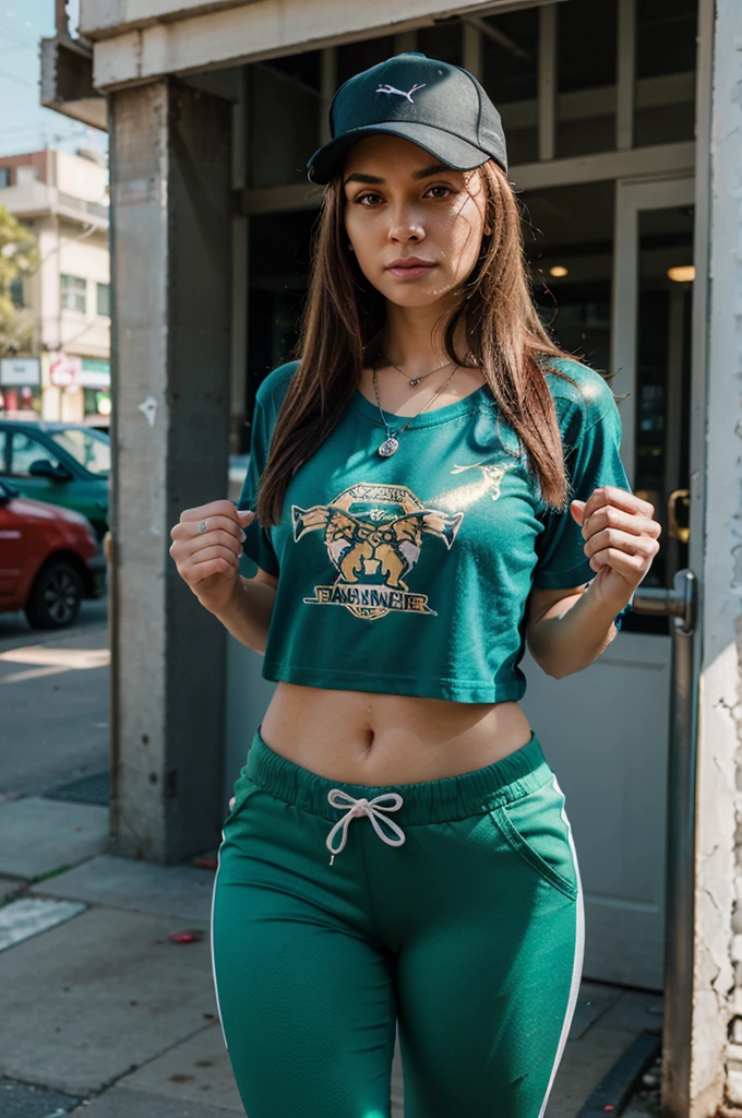 Photograph of a 4k hyperrealistic anthropomorphic puma with a puma face, feline whiskers, high definition image, golden fur and expressive eyes. It is a full body image, is standing, muscled body, with his arms,legs, and feet. Wears a backwards baseball cap with graffiti details, an urban t-shirt with a modern design and tight pants. His fingers are claws, sus legs son peludas, hairy feet, hands and arms are hairy. Un puma antropomórfico muy realista 4k con golden fur and expressive eyes. Wears a backwards baseball cap with graffiti details, an urban t-shirt with a modern design and tight pants. Detail the character a lot. Its claws are adorned with silver rings and a necklace with a shiny medallion., anthropomorphic puma is standing, looking forward with a confident and pleasant expression, The pose is full body looking at the camera showing a relaxed but determined pose.. hyperrealistic image with hairy arms Background: Completely clear green background to highlight the character and be able to crop the image.