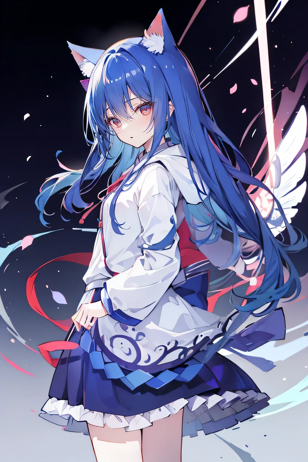 （masterpiece：1.2），Super detailed，lifelike，Expressive eyes，fair skin，perfect face shape，1 girl，
Japanese comics,Gorgeous blue hair,flowing blue hair,flowing clothes,Cat ears,Petals fall,beautiful lola,Baby Angel,
Shaking head with one hand，Cross your legs，Gentle and peaceful background，The pavilion is cool and comfortable,smile, wearing hoodie, background of tokyo,back views,snowing, winter,Angel wings，The world is open，shameful expression、Upper Body、close up、coat、skirt