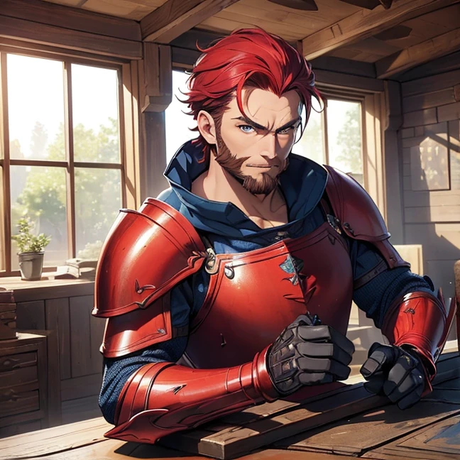 muscular man, Inventor, scientist, fantasy world, Red hair, Blue eyes, 40 years, bristle, short haircut, knight's heavy armor, (Best quality), beard,