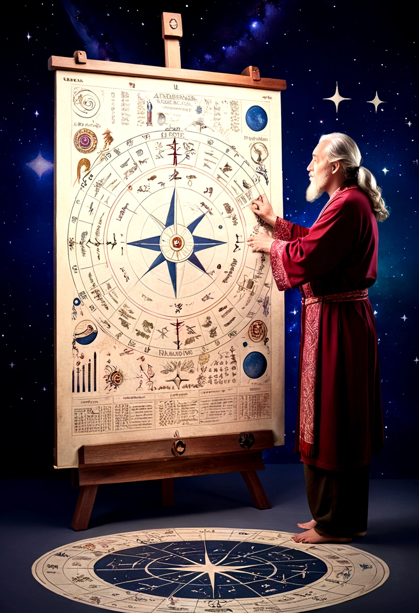 (Astrologer), An astrologer is interpreting fate on a complex star chart, with ancient runes and symbols next to it. The background is a flickering image of a galaxy, full body, (Photography), panoramic view, award-winning, cinematic still, emotional, vignette, dynamic, vivid, (masterpiece, best quality, Professional, perfect composition, very aesthetic, absurdres, ultra-detailed, intricate details:1.3)