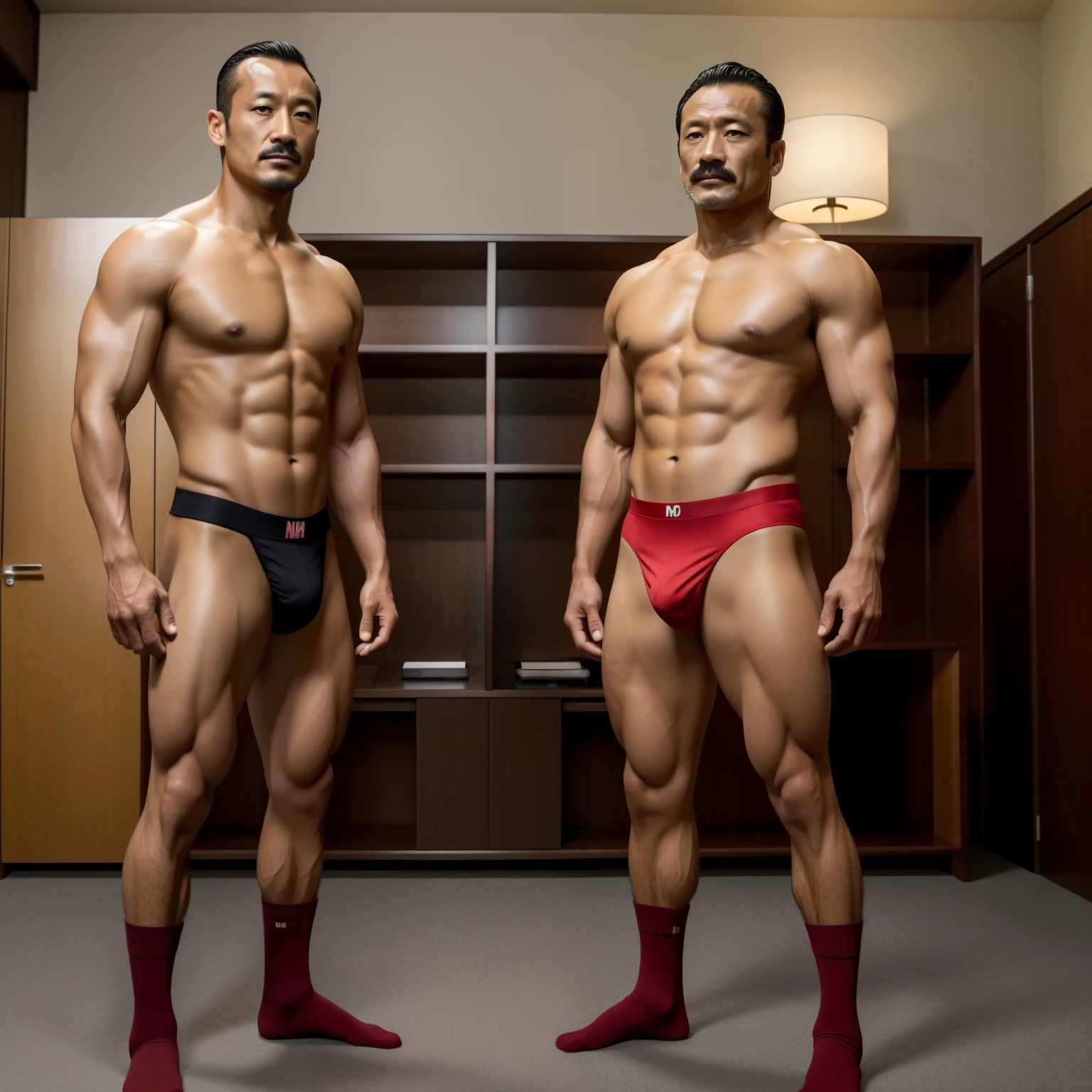 40 years old，Hidetoshi Nakata ，（Kogoro Mori 1.3），Two muscular men standing，whole body，foot，Black socks，Densely hairy，Crotch contour，Wear red briefs，With a mustache，masterpiece，HD