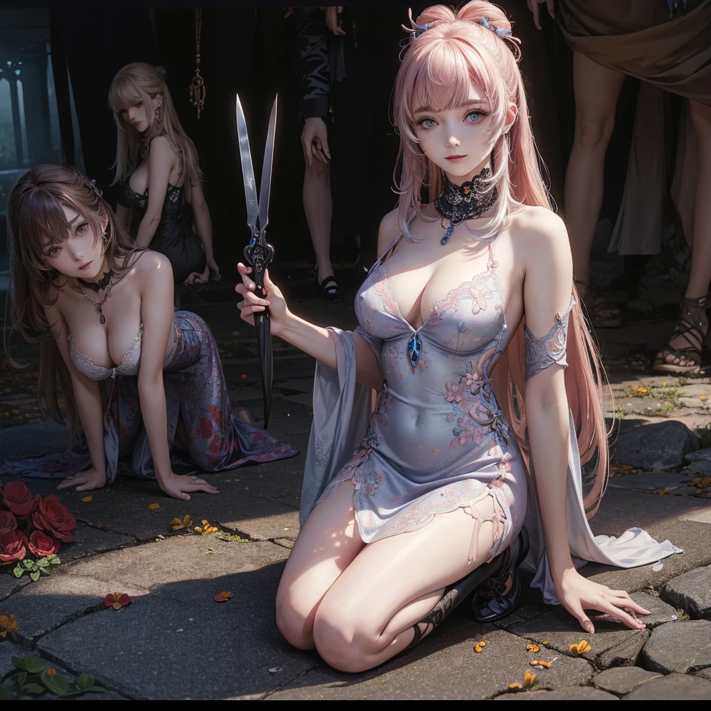 (msterpiece:1.3), (8k, RAW photo, best quality: 1.4), beautiful face, beautiful hairstyle, beautiful detailed eyes, beautiful skin, absurdres, attractive, ultra high res, highly detailed,NSFW, 3 girls in abandoned underground basement, big breast,facial close up,necklace,arms behind back,evil smile,knife,light long hair, ultra detailed skin,Heavy makeup, flower hairpin, naked,colorful patterned lace dress, dirty ground,on a rock,bondage,dirty rock,half body,