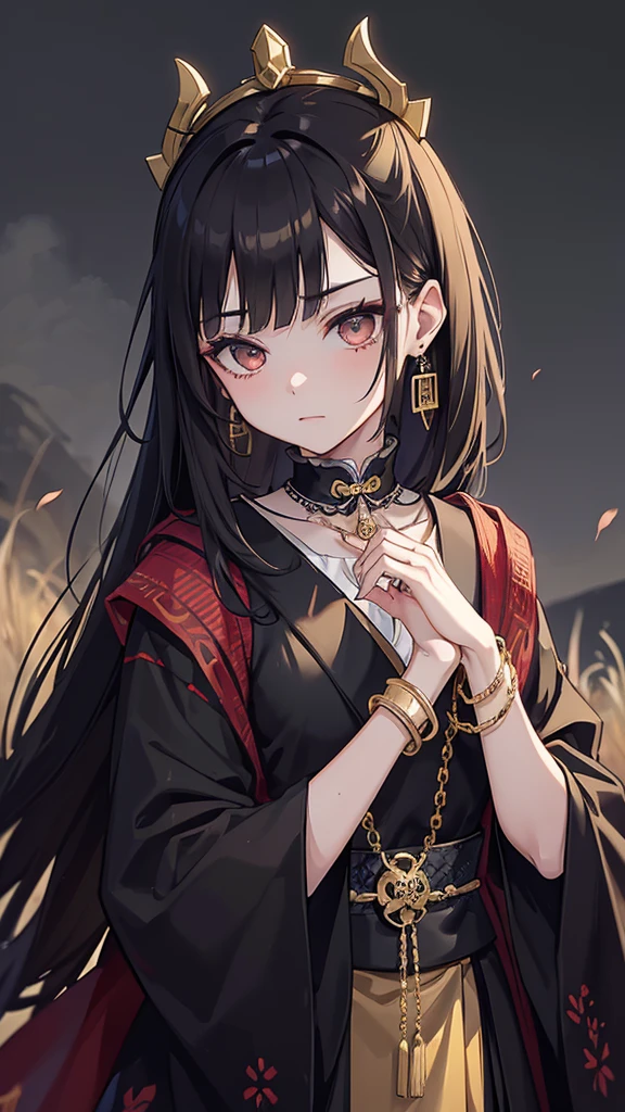 taisho period Japan woman, dark aesthetic, darkwave aesthetic, grunge aesthetic, eerie moorlands behind her, dark aesthetics, eerie thriller aesthetic, dark and moody aesthetic, ominous gothic aesthetic, goth aesthetic, gloomy style, medium length dirty brown hair, kimetsu no yaiba, wearing dark grunge gray clothes, really really short messy hair, gold accents. gold jewelry, gold dangly earrings, gold necklaces, gold bracelets, gold rings muscular, fancy, royalty, queen