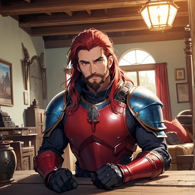 (best high quality image, very detailed graphics, very detailed textures, no deformed parts, no deformities, carefully detailed character, carefully detailed background and scenery, high quality textures, solo character alone)
{{(1character: 60 years old male barbarian red haired man),(fair skin, blue eyes with black pupils, scarlet red spiky long hair tied in a tail, scarlet red eyebrows, handsome face, very short chin scarlet hair beard, gentle smile, wise demeanor), (blue paladin heavy-armor, armored gauntlets, blue steel breast plate, blue steel armored hips, blue steel long armored boots, golden dragon belt, blue paded shirt under armor, blue pants under armor, ((steel dragon claymore sword))), (celtic wooden house living room with pots and desk)}}