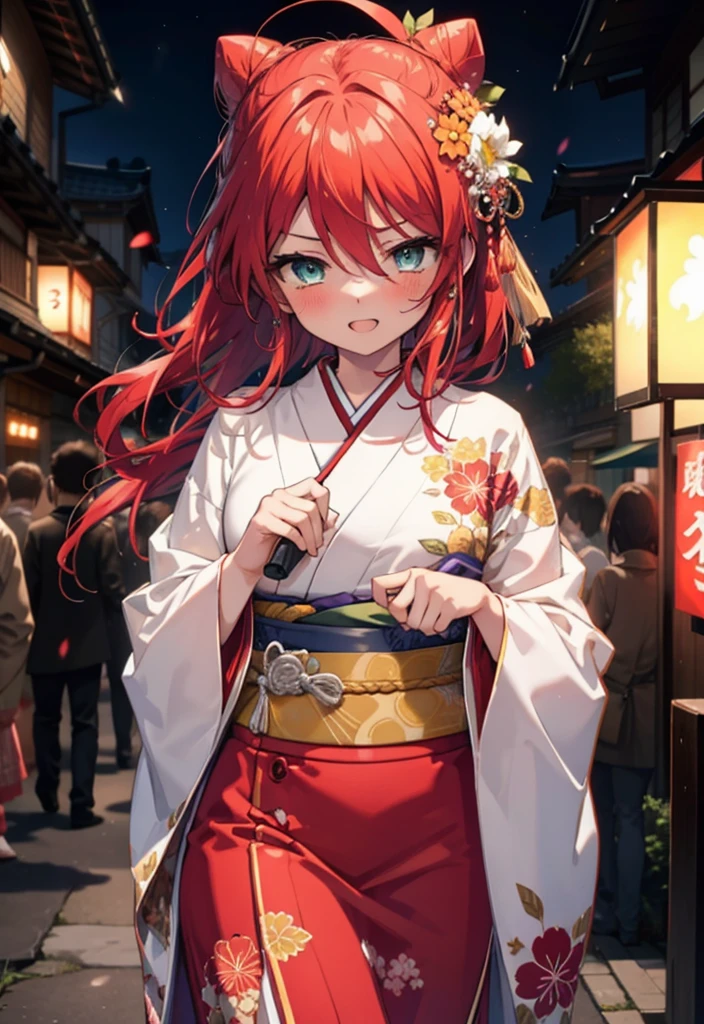 Shana,灼眼のShana,Long Hair, Red hair,Red eyes,Ahoge,smile,blush,Open your mouth,Hair Bun, single Hair Bun,blush,Red Kimono,Thick sleeves,Red long skirt,日本のfestival,夏festivalの屋台,Red lantern,So that the whole body goes into the illustration,Walking,　　　　　　　　　　　  break looking at viewer, Upper Body (Cowboy Shot:1. 5),  　　　　　　　　　　　　　　　　　　break outdoors, shrine,festival, 　　　　　　　　　　　　　break (masterpiece:1.2), Highest quality, High resolution, unity 8k wallpaper, (shape:0.8), (Beautiful and beautiful eyes:1.6), Highly detailed face, Perfect lighting, Highly detailed CG, (Perfect hands, Perfect Anatomy),